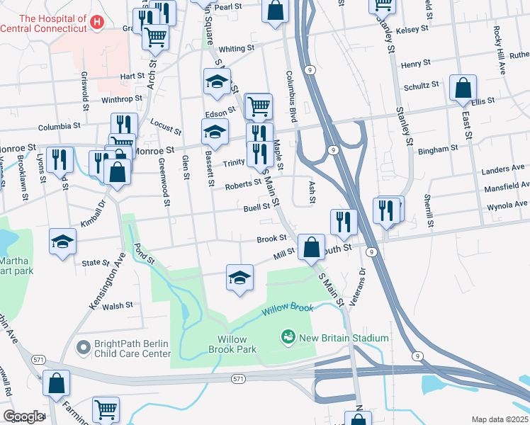 map of restaurants, bars, coffee shops, grocery stores, and more near 18 Buell Street in New Britain