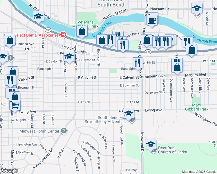 map of restaurants, bars, coffee shops, grocery stores, and more near 1815 East Donald Street in South Bend