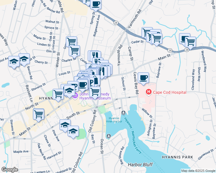 map of restaurants, bars, coffee shops, grocery stores, and more near 43 Pleasant Street in Barnstable