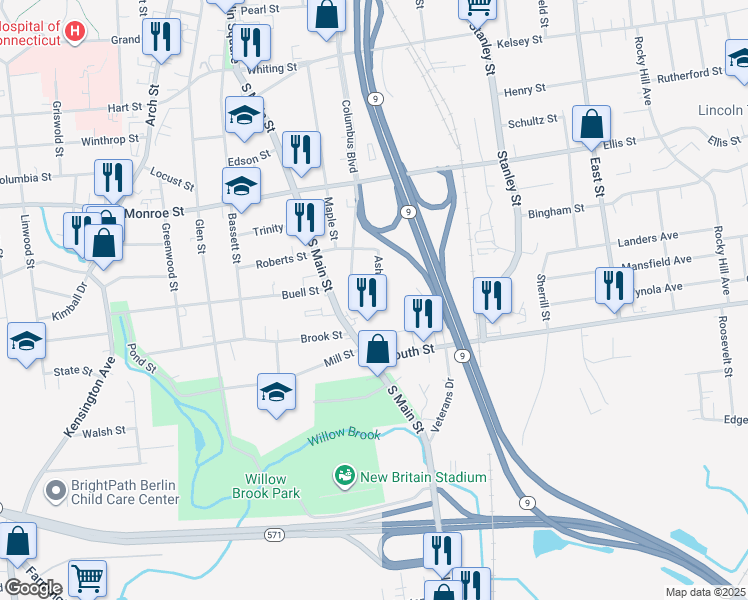 map of restaurants, bars, coffee shops, grocery stores, and more near 438 South Main Street in New Britain
