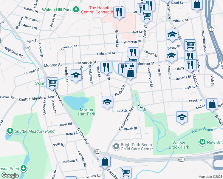 map of restaurants, bars, coffee shops, grocery stores, and more near 69 Kimball Drive in New Britain