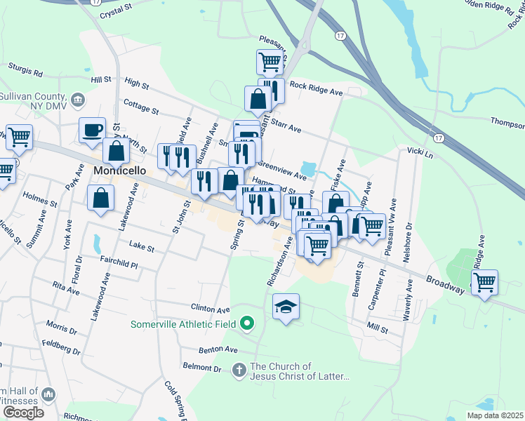 map of restaurants, bars, coffee shops, grocery stores, and more near 366 East Broadway in Monticello