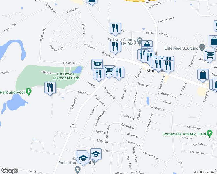 map of restaurants, bars, coffee shops, grocery stores, and more near 43 Monticello Street in Monticello