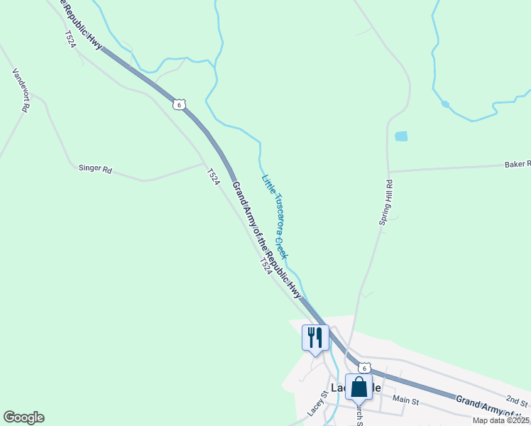 map of restaurants, bars, coffee shops, grocery stores, and more near 388 Cornell Road in Laceyville