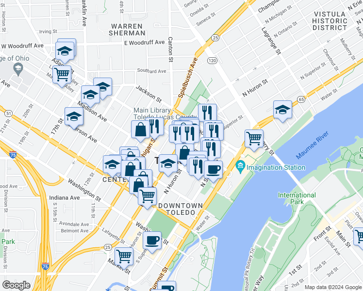map of restaurants, bars, coffee shops, grocery stores, and more near 619 Adams Street in Toledo
