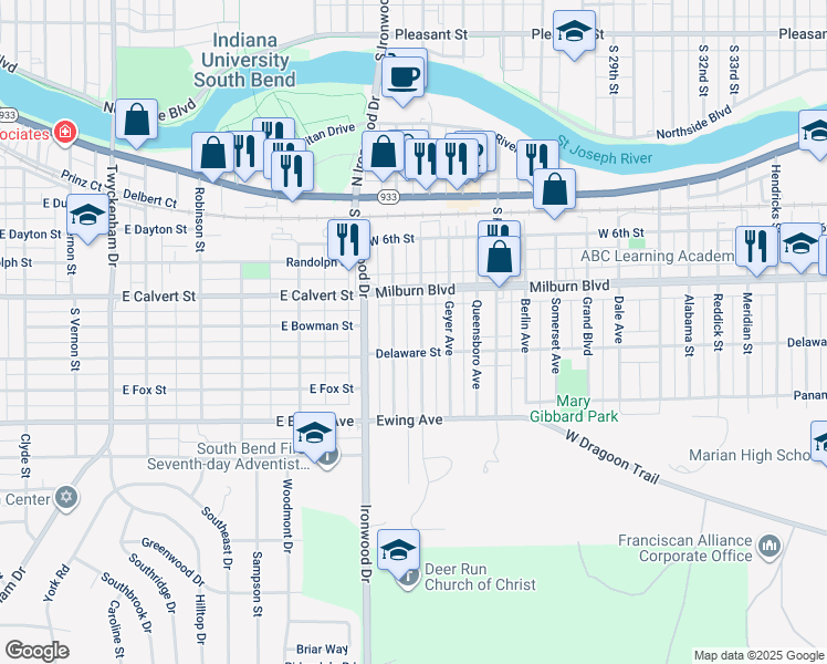 map of restaurants, bars, coffee shops, grocery stores, and more near 809 South Middleboro Avenue in Mishawaka
