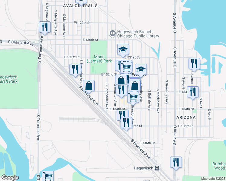 map of restaurants, bars, coffee shops, grocery stores, and more near 13300 South Houston Avenue in Chicago