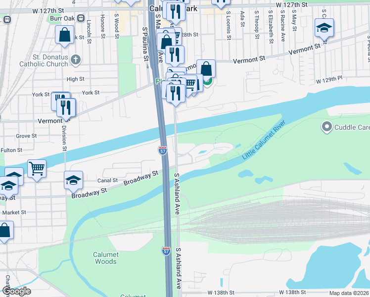 map of restaurants, bars, coffee shops, grocery stores, and more near 13201 South Ashland Avenue in Blue Island