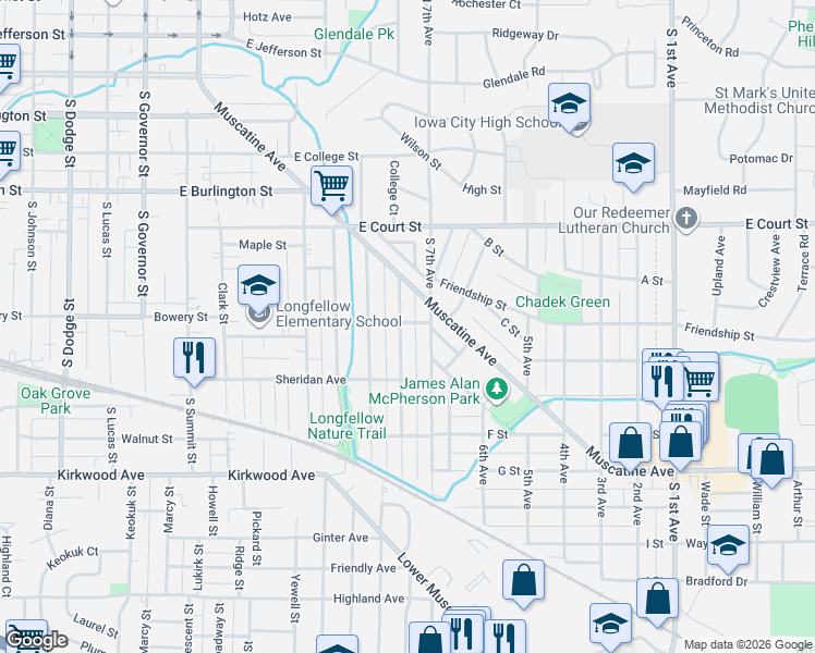 map of restaurants, bars, coffee shops, grocery stores, and more near 709 South 7th Avenue in Iowa City
