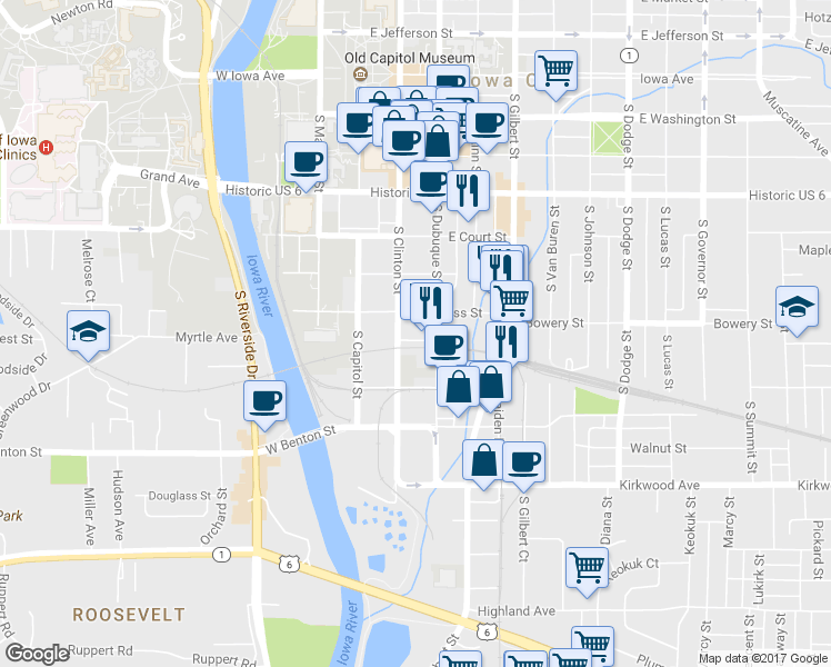map of restaurants, bars, coffee shops, grocery stores, and more near 710 South Clinton Street in Iowa City