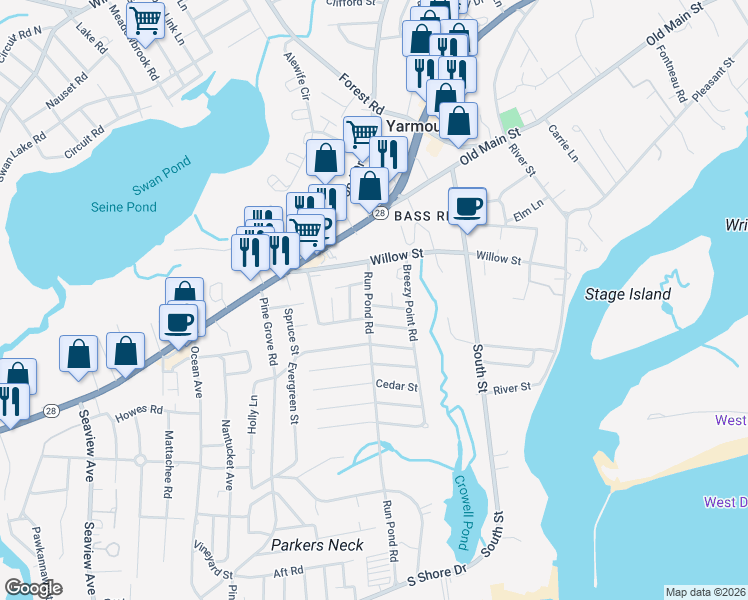 map of restaurants, bars, coffee shops, grocery stores, and more near 22 Grove Street in Yarmouth