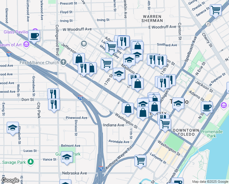 map of restaurants, bars, coffee shops, grocery stores, and more near 1502 Monroe St in Toledo
