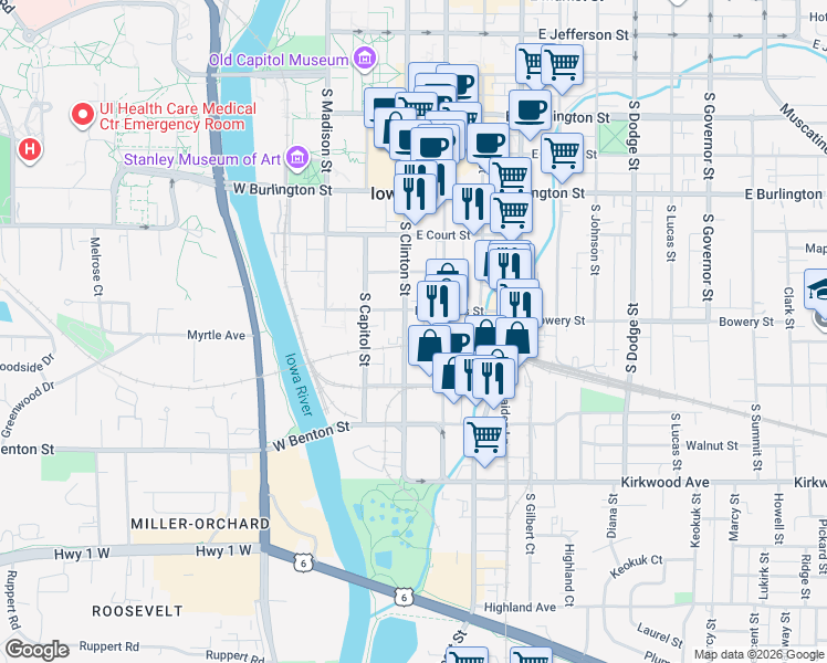 map of restaurants, bars, coffee shops, grocery stores, and more near 624 South Clinton Street in Iowa City