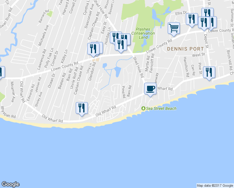 map of restaurants, bars, coffee shops, grocery stores, and more near North Ocean Grove Circle in Dennis