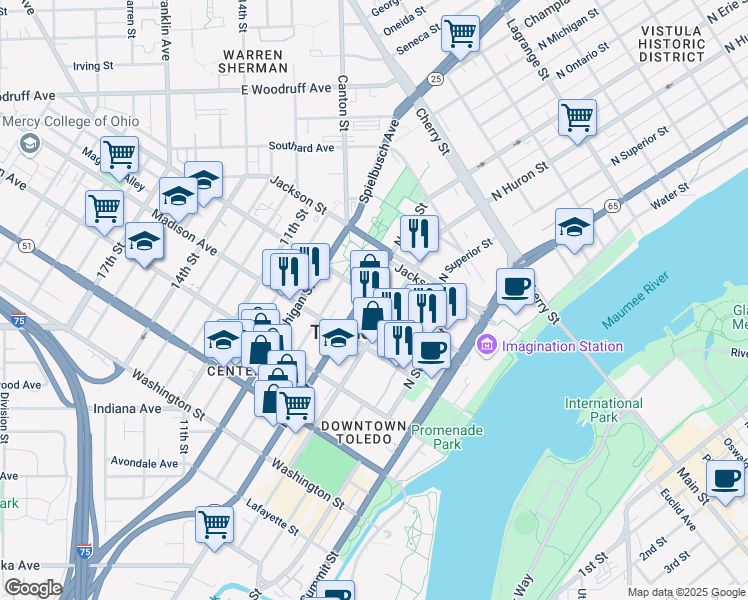 map of restaurants, bars, coffee shops, grocery stores, and more near 619 Adams Street in Toledo