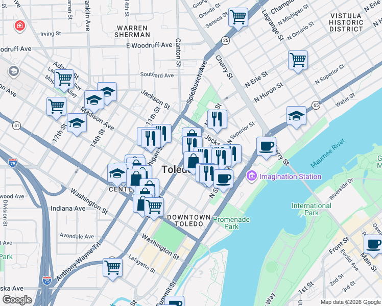map of restaurants, bars, coffee shops, grocery stores, and more near 619 Adams Street in Toledo