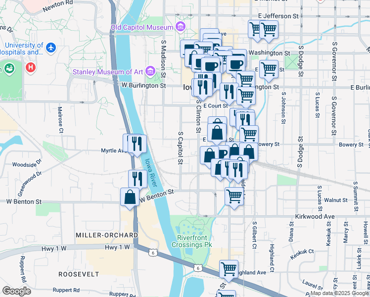map of restaurants, bars, coffee shops, grocery stores, and more near 620 South Capitol Street in Iowa City