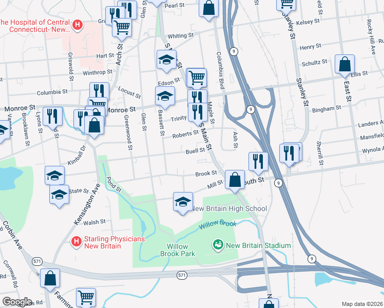 map of restaurants, bars, coffee shops, grocery stores, and more near 40 Buell Street in New Britain