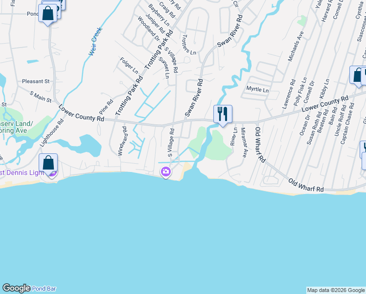 map of restaurants, bars, coffee shops, grocery stores, and more near 30 Beach Road in Dennis