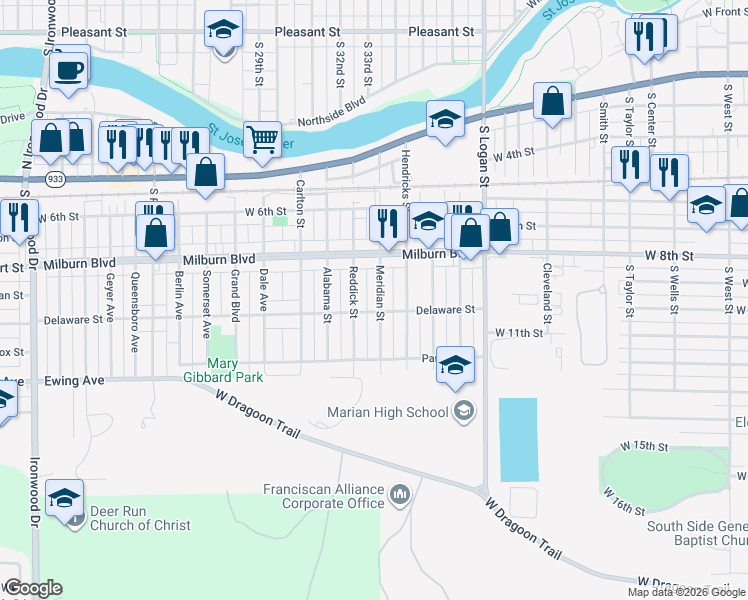 map of restaurants, bars, coffee shops, grocery stores, and more near 1650-1698 Delaware St in Mishawaka