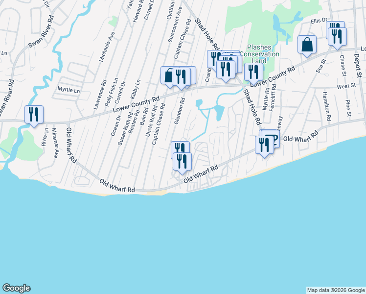 map of restaurants, bars, coffee shops, grocery stores, and more near 60 Glendon Road in Dennis