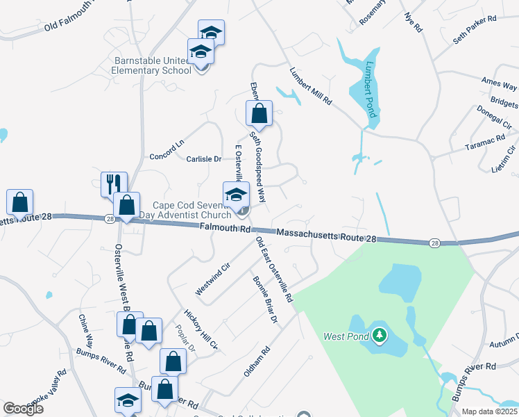 map of restaurants, bars, coffee shops, grocery stores, and more near 7 Nathans Way in Barnstable