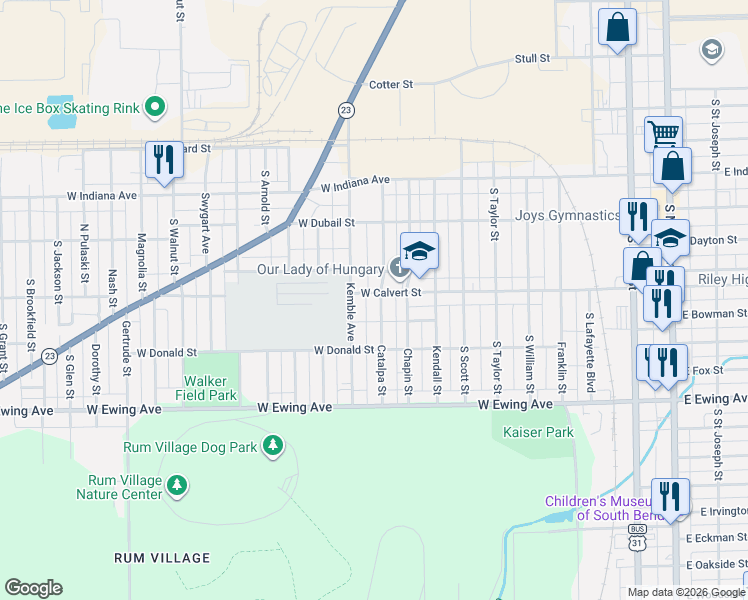 map of restaurants, bars, coffee shops, grocery stores, and more near 1900-2000 Catalpa Street in South Bend