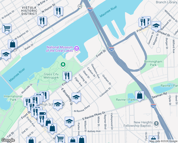 map of restaurants, bars, coffee shops, grocery stores, and more near 144 Carbon Street in Toledo