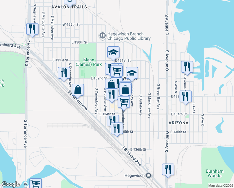 map of restaurants, bars, coffee shops, grocery stores, and more near 13300 South Baltimore Avenue in Chicago