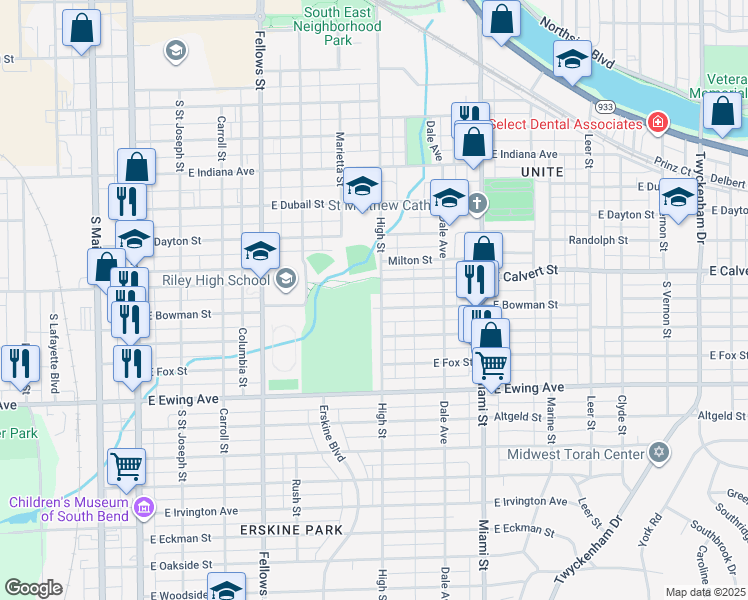 map of restaurants, bars, coffee shops, grocery stores, and more near 732 East Bowman Street in South Bend