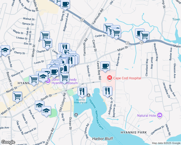 map of restaurants, bars, coffee shops, grocery stores, and more near 60 School Street in Barnstable