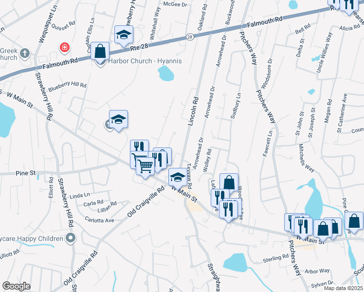 map of restaurants, bars, coffee shops, grocery stores, and more near 14 Ellis Drive in Barnstable