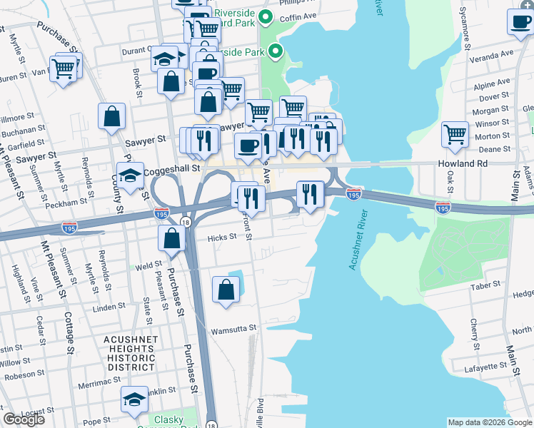 map of restaurants, bars, coffee shops, grocery stores, and more near 8 Washburn Street in New Bedford