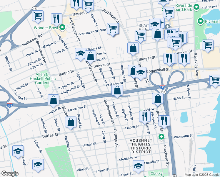 map of restaurants, bars, coffee shops, grocery stores, and more near 495 Cedar Grove Street in New Bedford