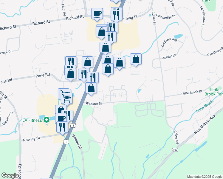 map of restaurants, bars, coffee shops, grocery stores, and more near 58 Webster Court in Newington