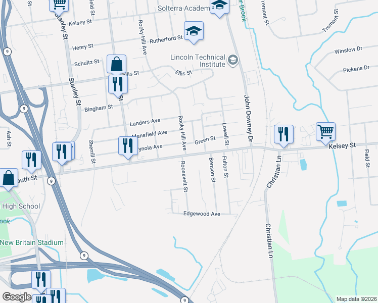 map of restaurants, bars, coffee shops, grocery stores, and more near in New Britain