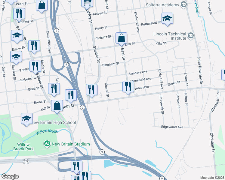map of restaurants, bars, coffee shops, grocery stores, and more near 37 Wynola Avenue in New Britain