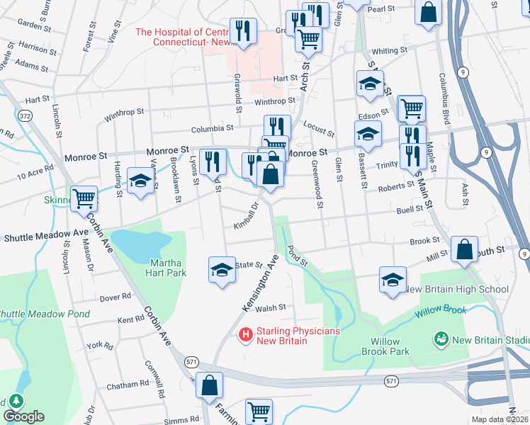 map of restaurants, bars, coffee shops, grocery stores, and more near 38 Kimball Drive in New Britain