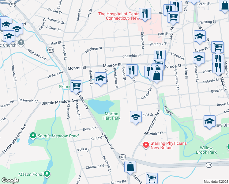 map of restaurants, bars, coffee shops, grocery stores, and more near 172 Shuttle Meadow Avenue in New Britain