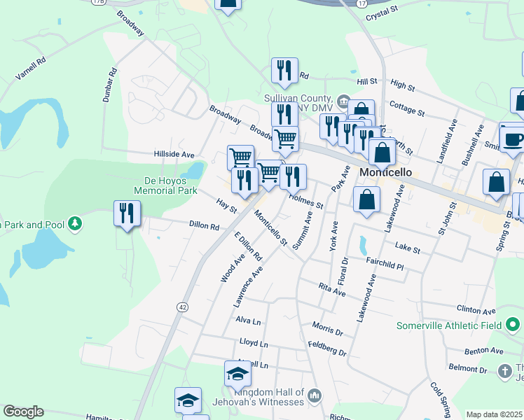 map of restaurants, bars, coffee shops, grocery stores, and more near 43 Monticello Street in Monticello