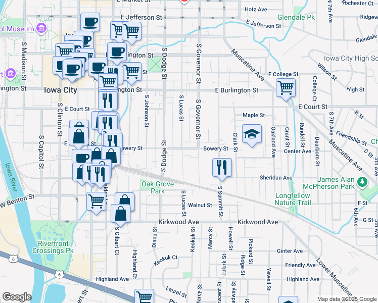 map of restaurants, bars, coffee shops, grocery stores, and more near 618 South Lucas Street in Iowa City