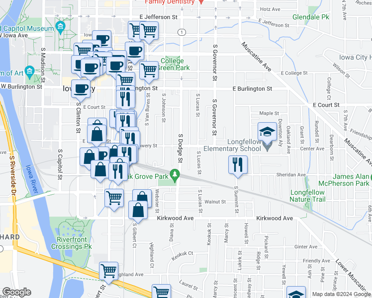 map of restaurants, bars, coffee shops, grocery stores, and more near 626 South Dodge Street in Iowa City