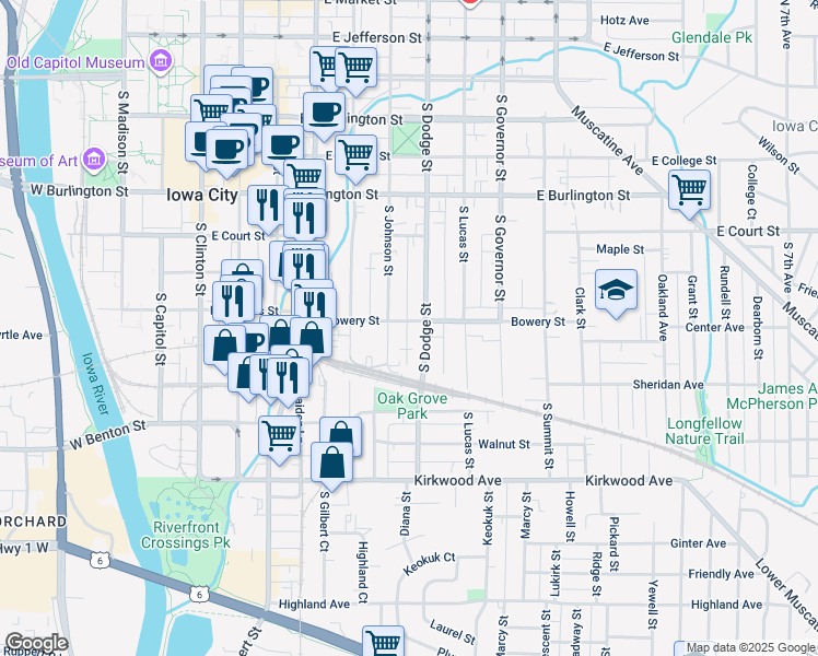 map of restaurants, bars, coffee shops, grocery stores, and more near 612 South Johnson Street in Iowa City