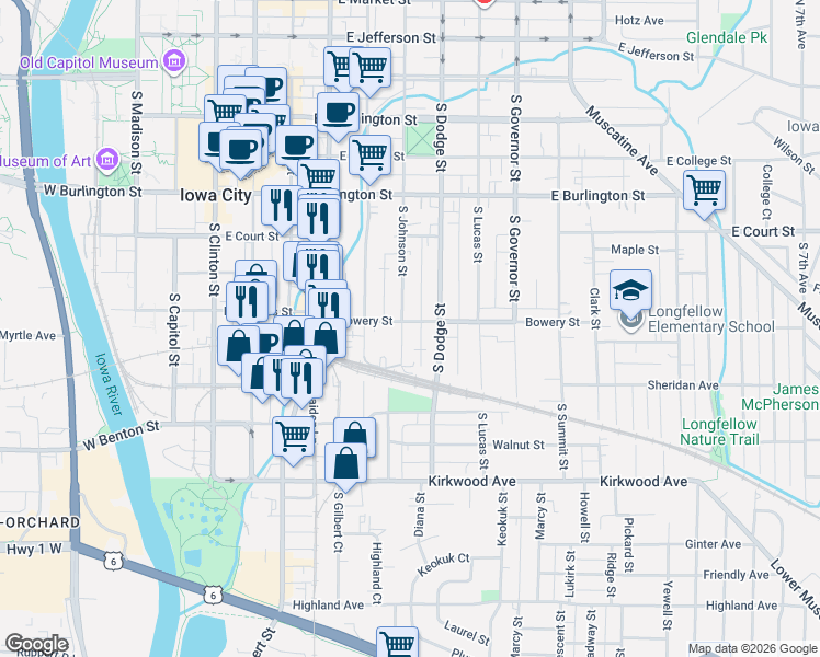 map of restaurants, bars, coffee shops, grocery stores, and more near 612 South Johnson Street in Iowa City