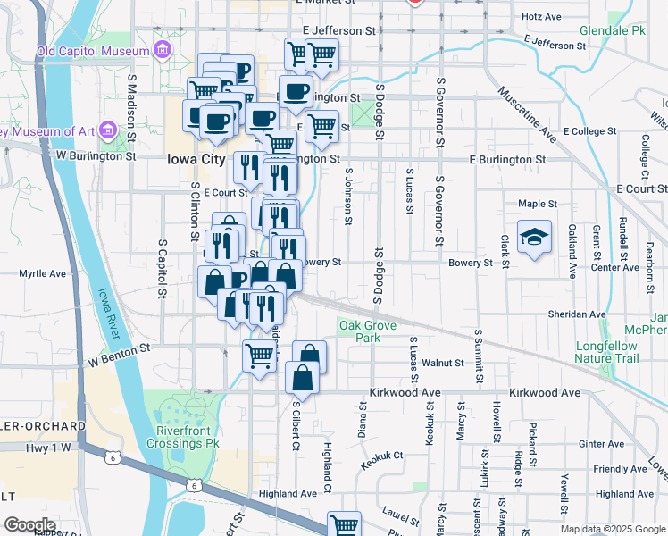 map of restaurants, bars, coffee shops, grocery stores, and more near 618 South Van Buren Street in Iowa City