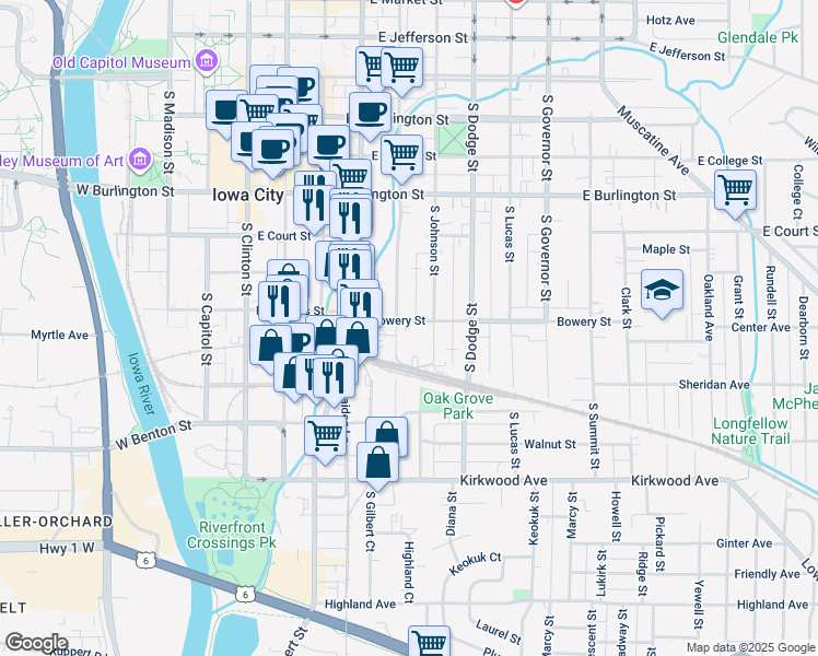 map of restaurants, bars, coffee shops, grocery stores, and more near 618 South Van Buren Street in Iowa City