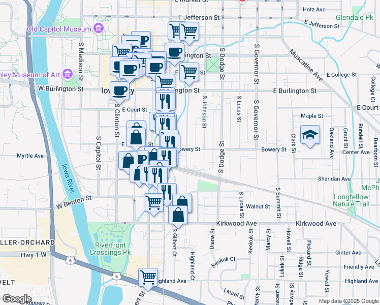 map of restaurants, bars, coffee shops, grocery stores, and more near 618 South Van Buren Street in Iowa City