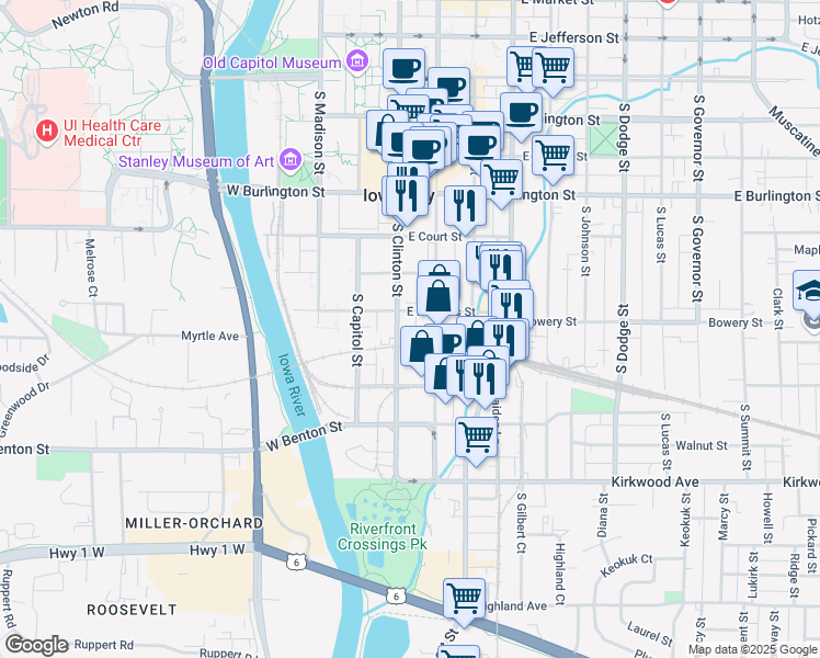 map of restaurants, bars, coffee shops, grocery stores, and more near 710 South Clinton Street in Iowa City