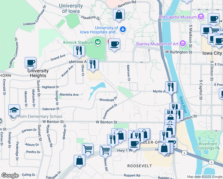 map of restaurants, bars, coffee shops, grocery stores, and more near 719 Oakcrest Street in Iowa City