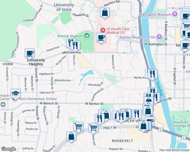 map of restaurants, bars, coffee shops, grocery stores, and more near 719 Oakcrest Street in Iowa City